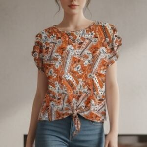 Cure Women's Orange Paisley Top Grommets Tie at Hem Size 2X NWOT